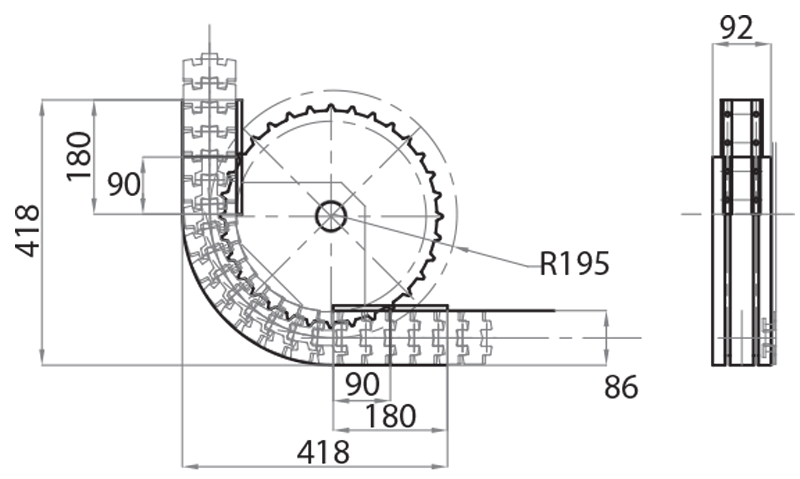 AR100086-90 - One way 90° idle curve average radius 200 mm / Components for channel 86 mm / Aluflex / Products / Alutec | Profili in alluminio, sistemi di trasporto e automazione industriale - Alutec Group AR100086-90 - One way 90° idle curve average radius 200 mm / Components for channel 86 mm / Aluflex / Products / Alutec | Profili in alluminio, sistemi di trasporto e automazione industriale - Alutec Group